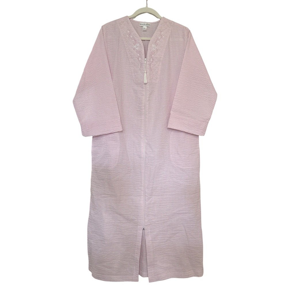 Miss Elaine Coastal Seersucker Housecoat Robe Zip‎ Front Tassel M Pink Striped